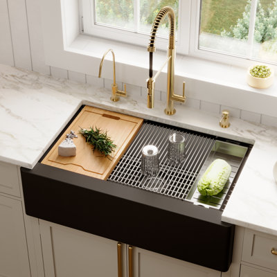 Karran Quartz 34'' X 21-1/4'' Single Bowl Farmhouse Apron Front Workstation Kitchen Sink
