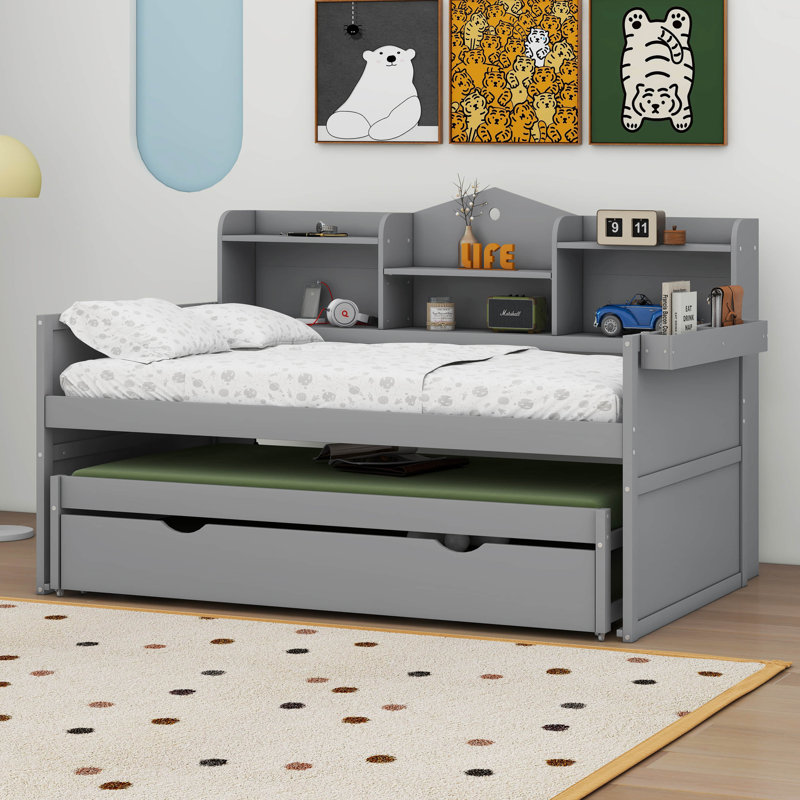 Lit de jour simple en bois avec 2 gigognes simples Donashia, Gris