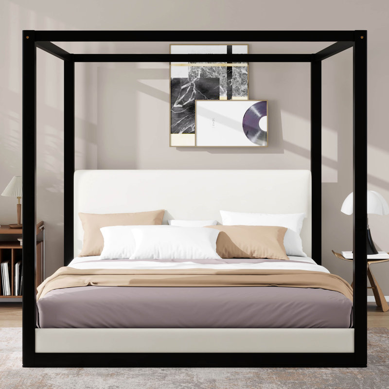 Lit plateforme avec tête de lit tapissier et auvent, Black, Queen