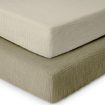 100% Cotton Mini Crib Sheets, ,2 Pack Muslin Baby Crib Sheets, Soft & Breathable Baby Crib Sheets, 24x38" Mini Crib Sheets | Olive and Ecru