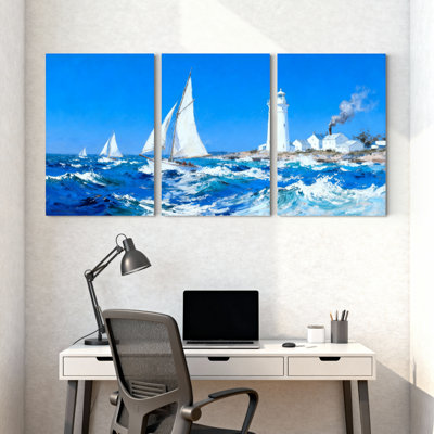 Nautique, voiliers, océan, vagues, phare, ensemble de 3 toiles murales
