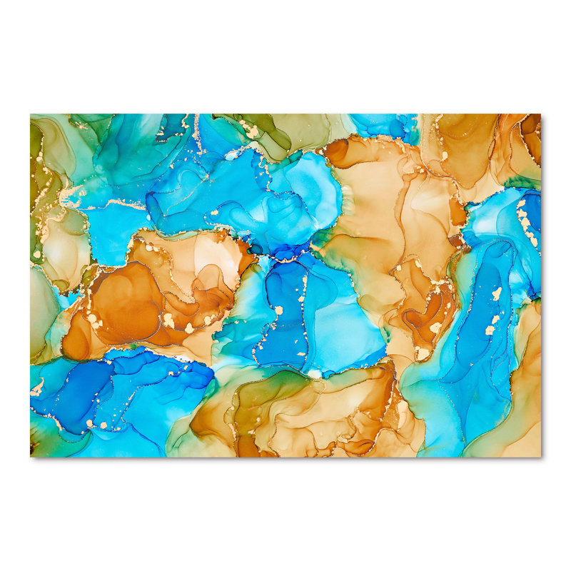 Turquoise et brun, luxe abstrait, fluide I - peinture sur toile, H 40 po x l 60 po x P 1,5 po, Toile tendue