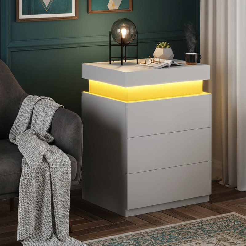 Table de chevet 26,8 po H noire avec station de charge - lumières DEL, tiroir supérieur coulissant, Blanc