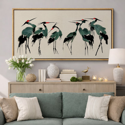 Crane Heron Bird Ink Crane Gathering Traditional Asian-Inspired Birds Extra Large Canvas Print Wall Art