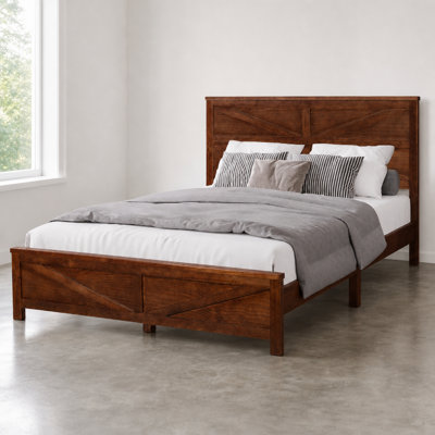 Farmhouse Style Queen Size Platform Bed with Barn Door Inspired Headboard and Footboard, Constructed from Solid Pine Wood with Reinforced Frame and Under-Bed Storage Space