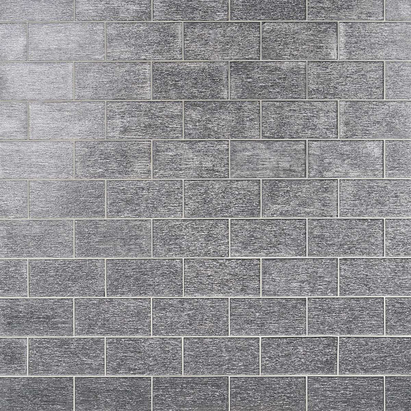 Veda 4x9 Polished Glass Subway Tile, Black/Silver