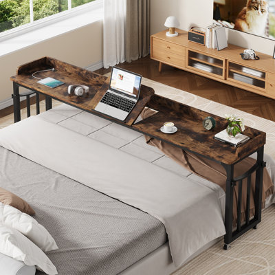 87'' W Height Adjustable Overbed Table With Power Outlet For King Size Bed, Writing Desk