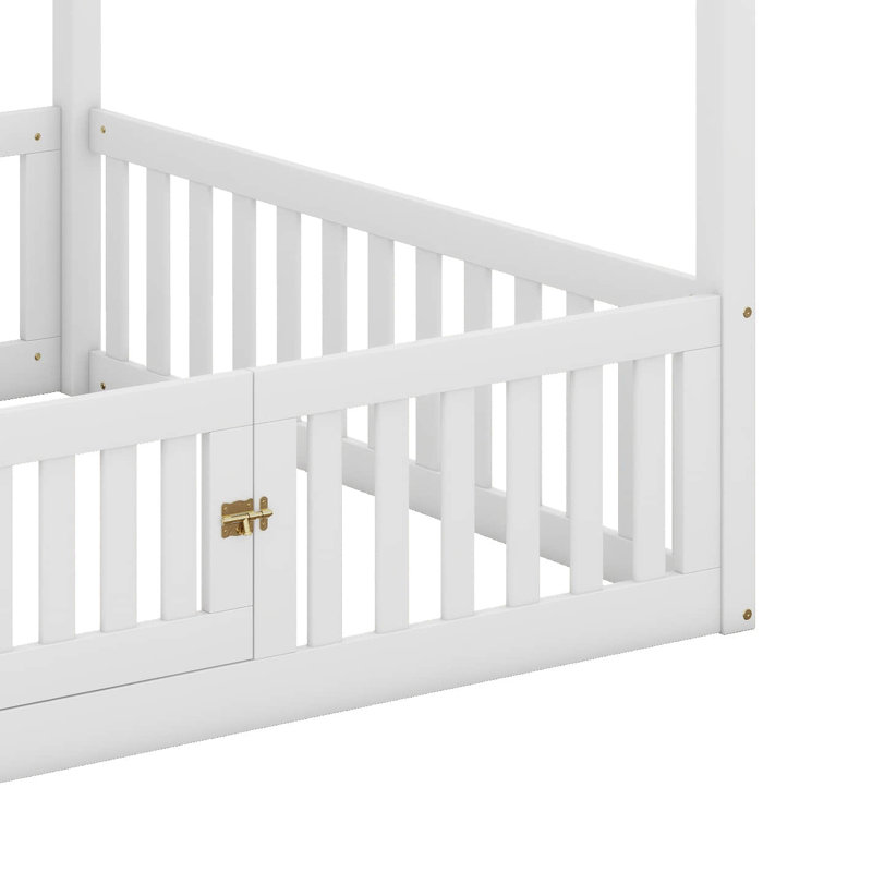 Full Size Wood House Bed with Fence, White
