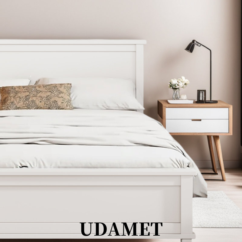 Lit plateforme avec rangement spacieux sous le lit et pieds fuselés de style Mid-Century - aucun sommier nécessaire, Blanc