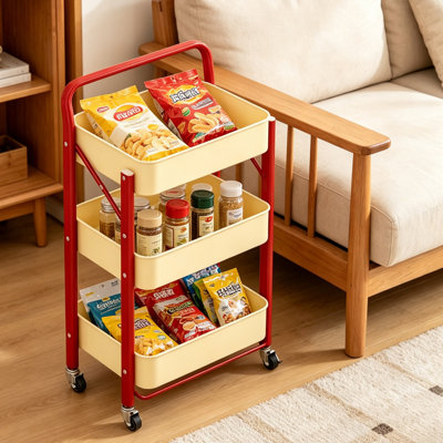 Chariot de rangement roulant à 3 niveaux sans assemblage, chariot utilitaire pliable en métal crème et jaune, organisateur mobile à roulettes à utilisation instantanée, chariot compact pour la cuisine, la salle de bain et la chambre à coucher
