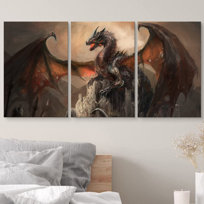 «War with the Dragon on Castle», ensemble de 3 impressions sur toile tendue