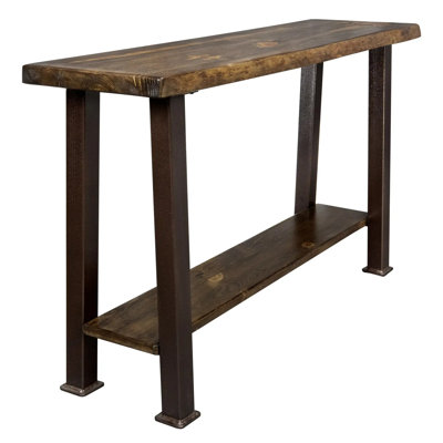 Navarra Collection Live Edge Console Table w/ Shelf, Copper Creek Series Forged Iron Legs, Provincial Stain and Clear Lacquer Finish