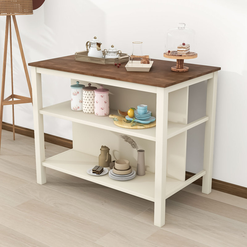  Îlot de cuisine en bois d'hévéa avec tablettes Kamoni