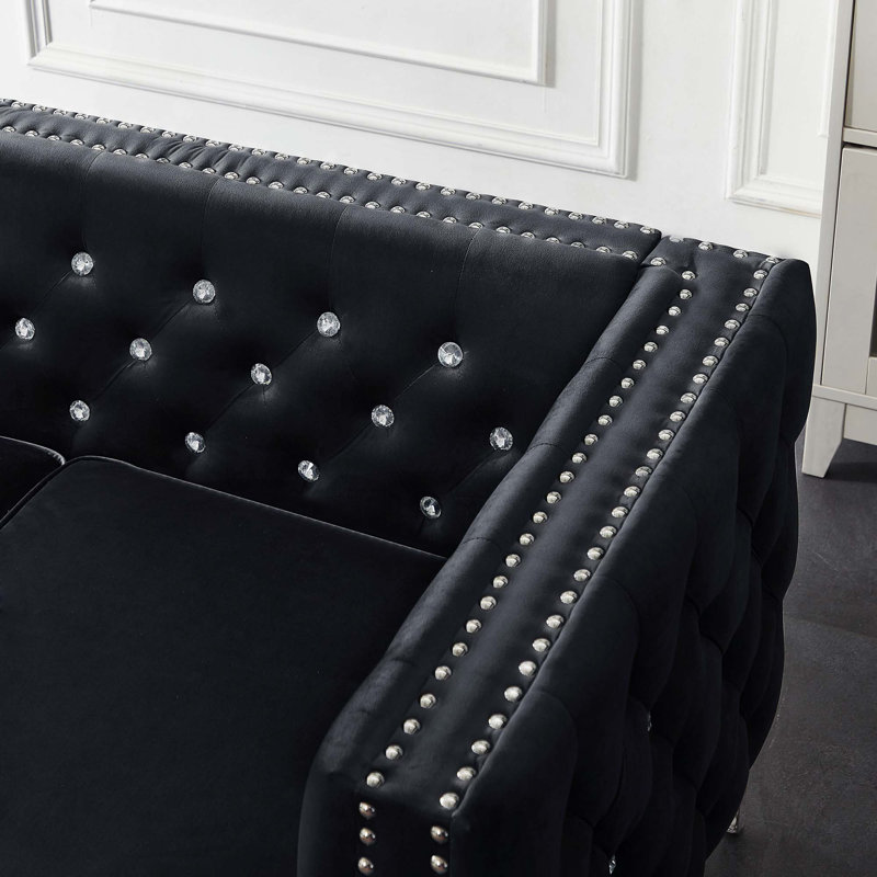 Canapé en velours noir 59,4 pouces de largeur avec boutons ornés de bijoux, accoudoirs carrés, 2 coussins