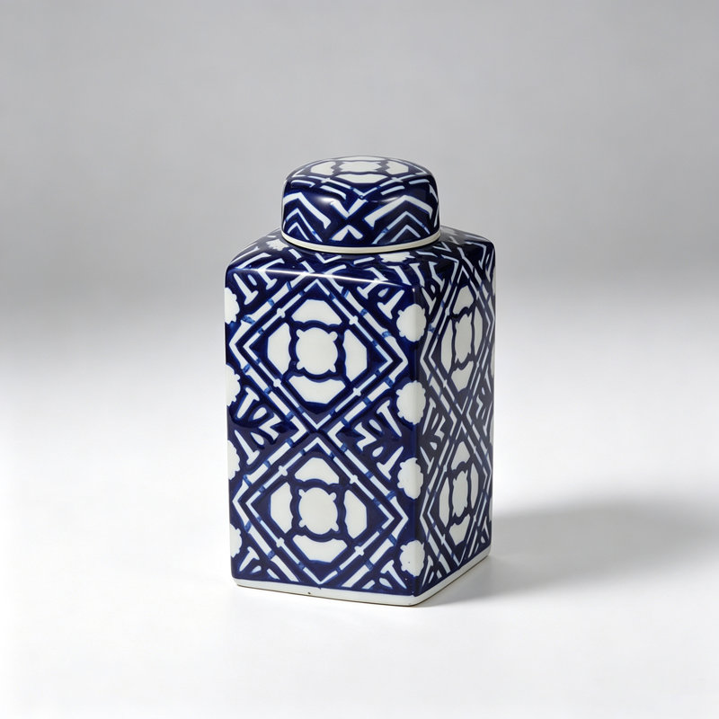 Pot de rangement carré décoratif en porcelaine à motif géométrique bleu et blanc de style chinoiserie, pour la décoration de table intérieure.