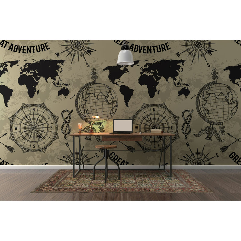 Papier peint rétro avec carte et boussole rétro beige et noir, L 50 po x l 75 po