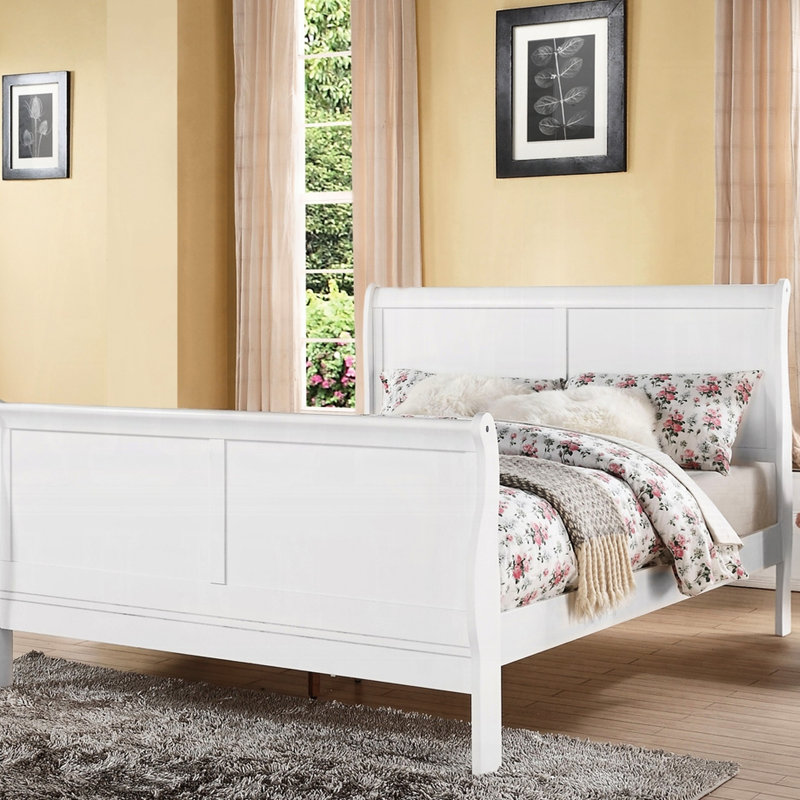 Grand lit au fini blanc, bois massif de pin massif, placage de gomme, 3 lattes, sommier nécessaire, 92,43 de profondeur, 63,11 de largeur, 47,63 de hauteur, 69,51 lb de poids, 660 lb