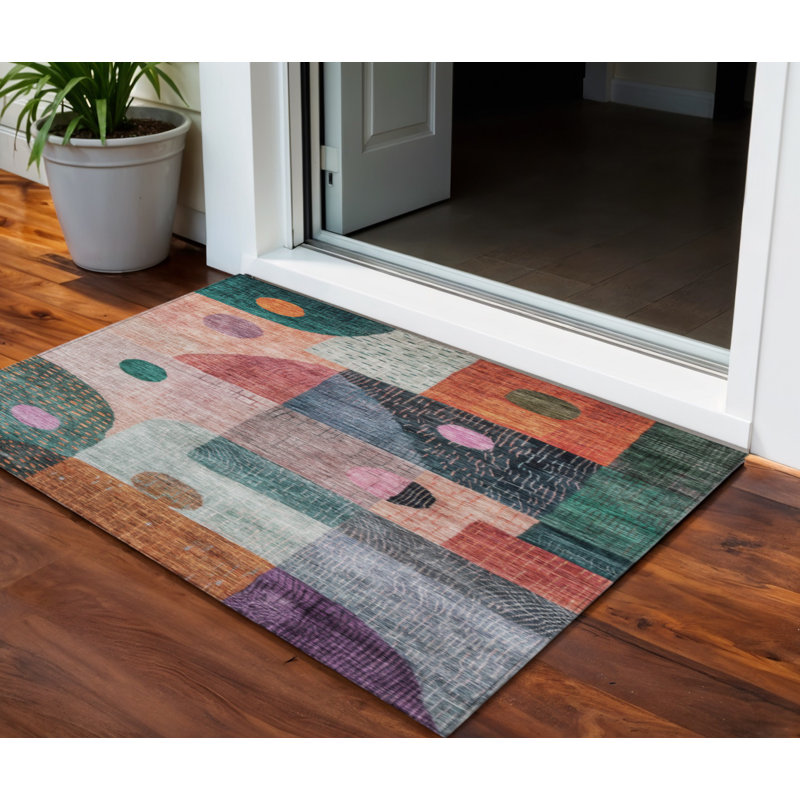 Tapis extérieur lavable à motif géométrique orange et vert 3 pi x 5 pi