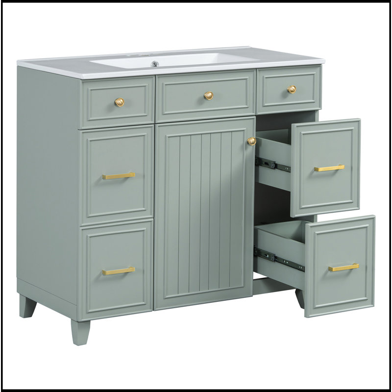 Meuble-lavabo moderne 36 po avec cadre en pin massif, 1 porte à fermeture douce et 3 tiroirs, armoire de rangement moderne