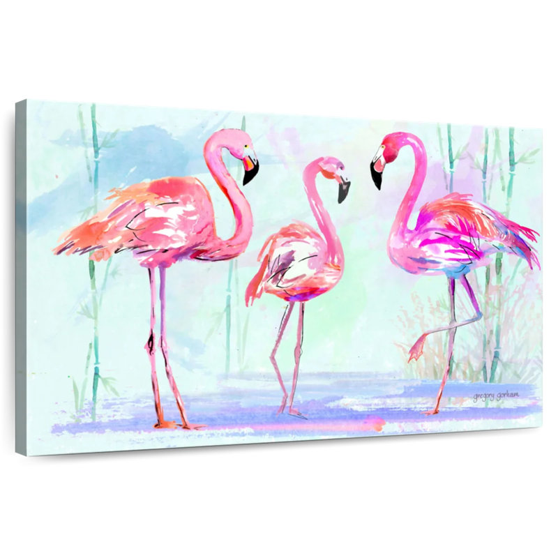 Trio flamant rose Brampt sur fond bleu, H 30 po x l 45 po