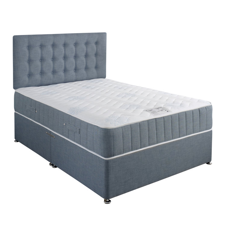 Marble Upholstered UK King - DE 150 X 200 Cm Divan Bed with Mattress, Small Double (4'), 4 Continental Drawers, Duckegg