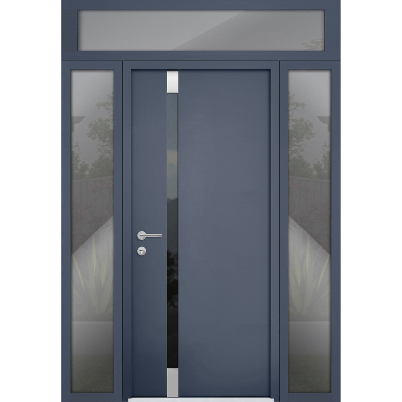 Porte d'entrée extérieure prémontée en acier Cynex 6777 grise, avec 2 fenêtres latérales et supérieures, inserts en acier inoxydable, style moderne, peinte, dimensions : L 14 + 36 + 14 x H 80 + 16, ouverture à droite vers l'extérieur.