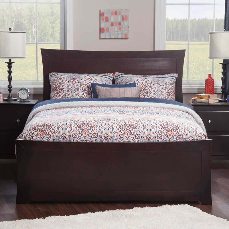 Fleenor Solid Wood Foundation Bed with Matching Footboard and Built-in Charging Station, Espresso, Queen