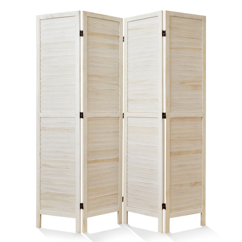 5.6 Ft Folding Room Divider - Louvered Wood Screen with Double Hinges in White, Brown, Natural, White, 4