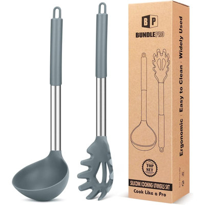 Silicone Pasta Fork And Ladle Spoon Set, Large Non Stick Kitchen Utensils For Cooking,Stirring,Serving Spaghetti, Soup, Sauce
