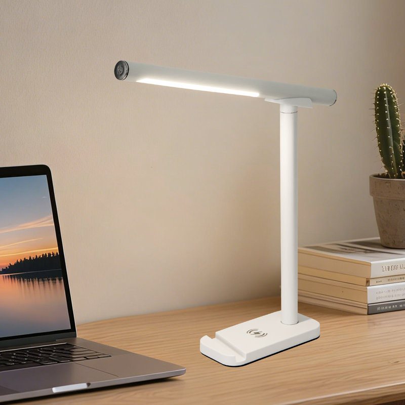 Lampe de bureau noire sans fil à DEL, commande tactile à intensité variable rechargeable avec support pour téléphone, Blanc