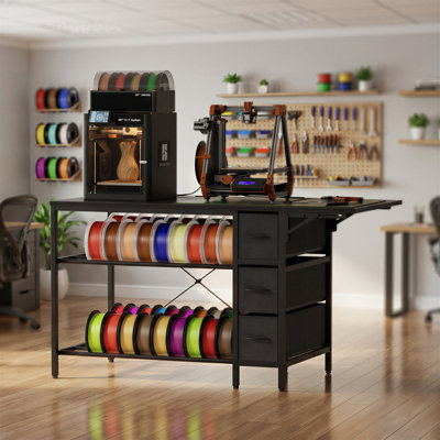 3D Printer Stand with Adjustable Filament Rack, Charging Station, and Folding Desktop, Heavy-Duty Metal Workbench with Drawers, Open Frame Printer Workstation for Home & Workshop