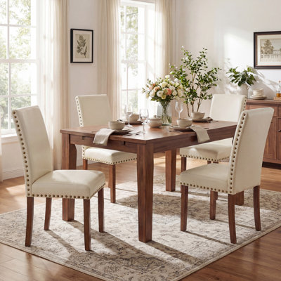 Set of 4 Upholstered Dining Chairs, Parsons Modern Kitchen Chairs with Solid Wood Legs & Nailhead Trim