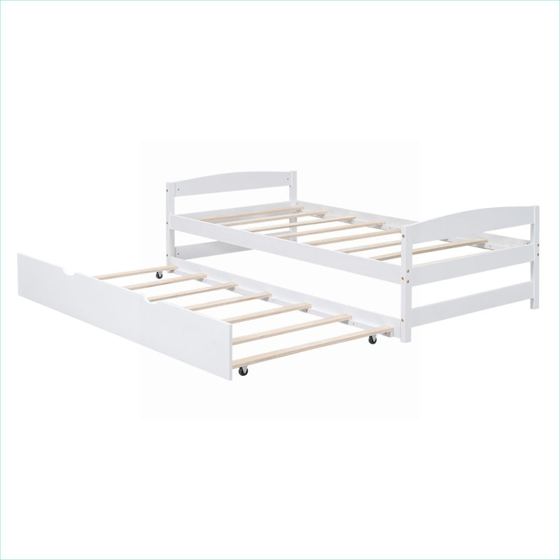 Lit plateforme de petite taille avec lit gigogne simple supplémentaire, fabrication en pin massif, ton blanc