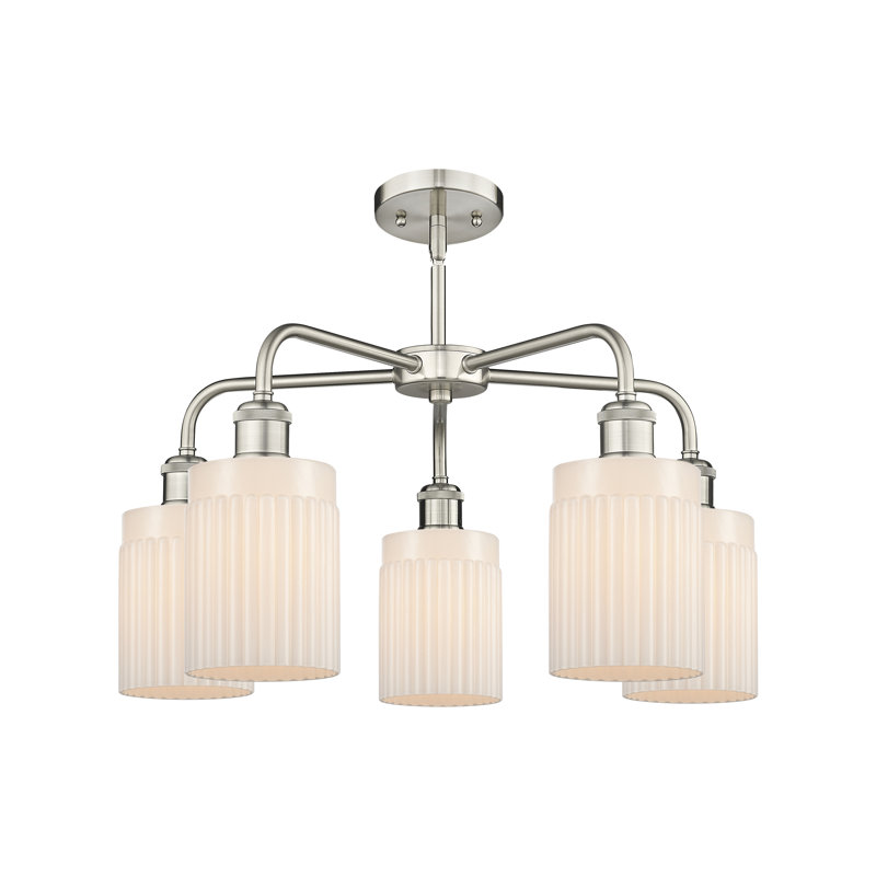 Lustre cylindrique à 5 lumières en acier à intensité variable Neco, Nickel satiné, Blanc mat
