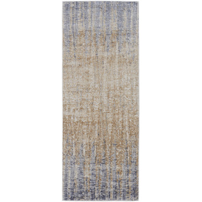 12' Tan Brown And Blue Abstract Power Loom Distressed Runner Rug
