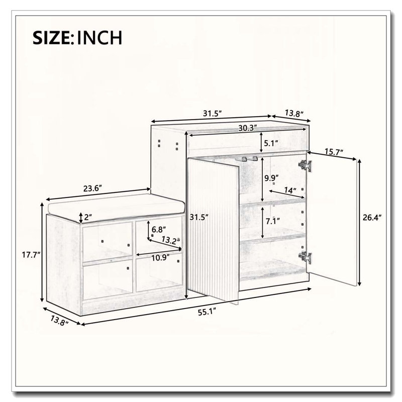 31.5" Shoe Organizer Cabinet with Bench, Wavy Doors & Hooks, Gray
