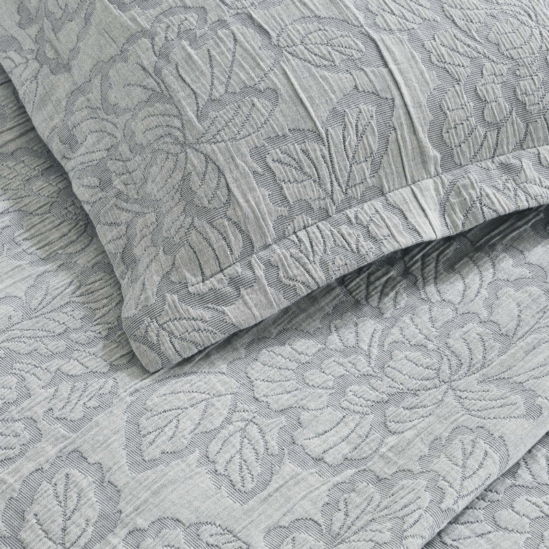 Hibiscus 100% Cotton Dual-Tone Matelassé Floral Bedspread Set , Gray, California King Bedspread + 2 King Pillowshams