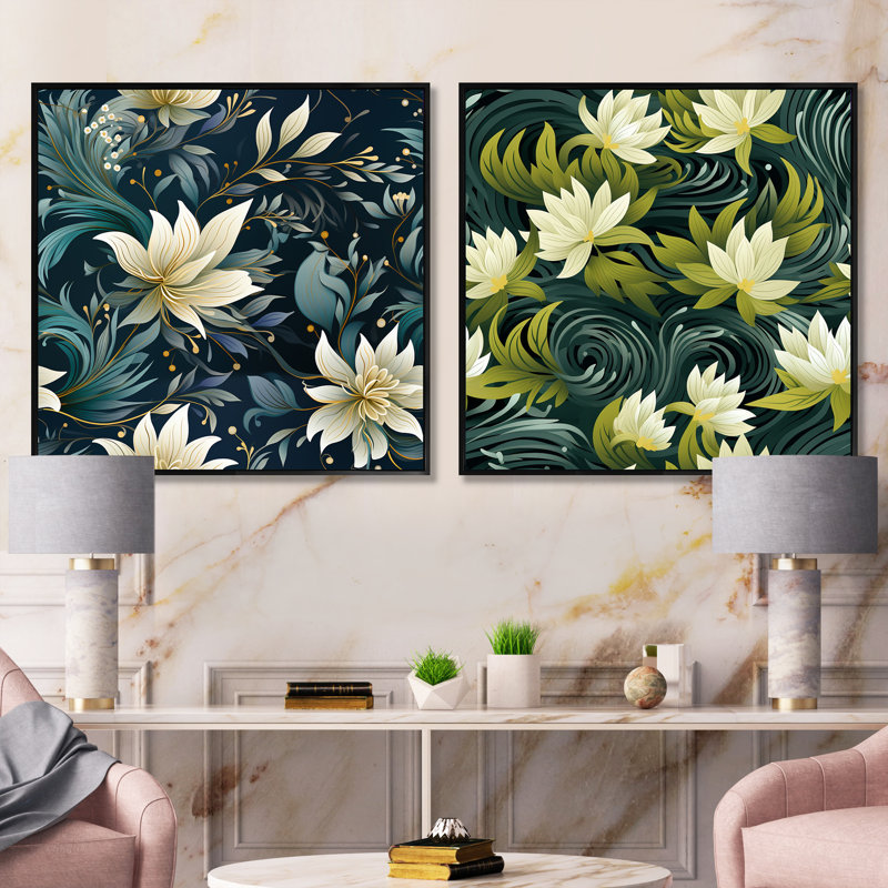Tamiko - Ensemble de 2 collages floraux carrés, Cadre flottant noir, H 16 po x l 33 po