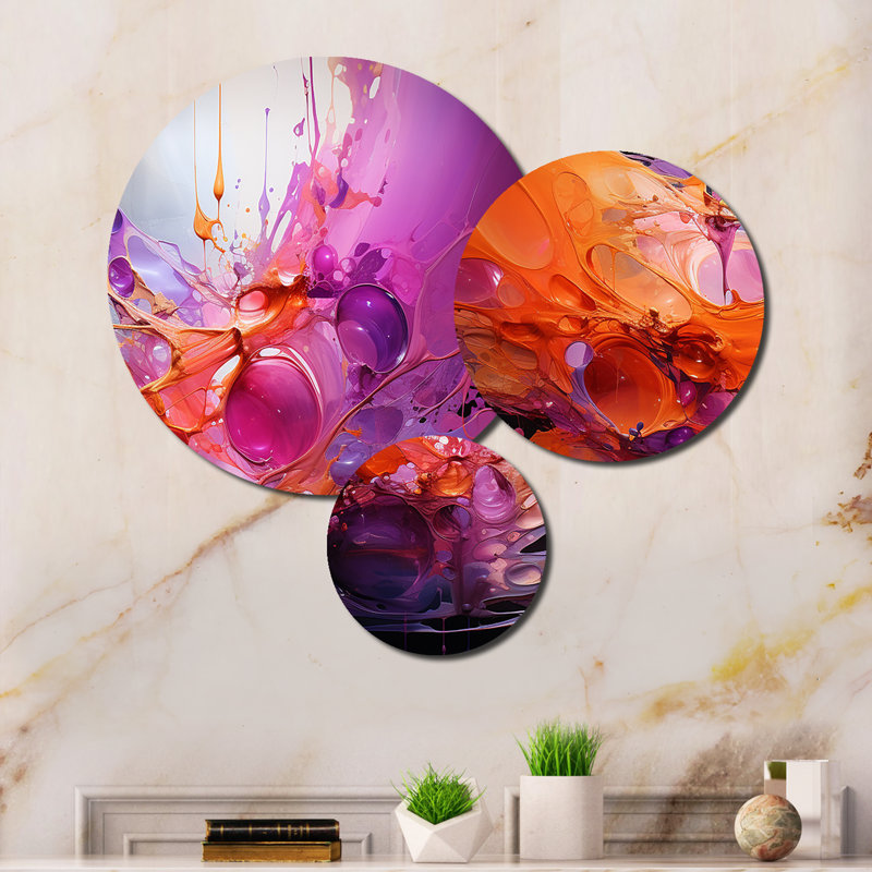 Collage de fractales abstraites orange mauve - ensemble d'impressions d'art moderne en métal
