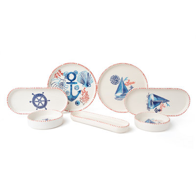 Ensemble de petit-déjeuner en céramique 14 pièces, blanc / bleu / rouge | Comprend 6 assiettes rondes (7,5 po), 2 plateaux de présentation ovales (9,25 x 3,9 po), 2 ovales olive (9 x 2,4 po), 4 porte-confitures (4,5 x 4,5 po) | Conception élégante pour un repas élégant