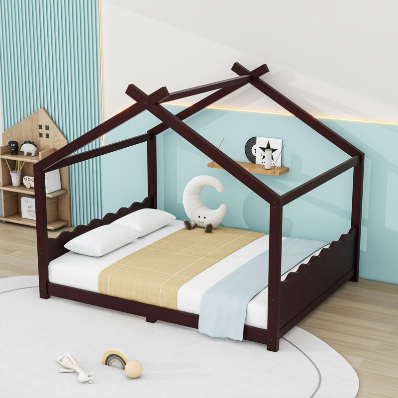 Wood House Floor Bed With Slats, Espresso, Queen