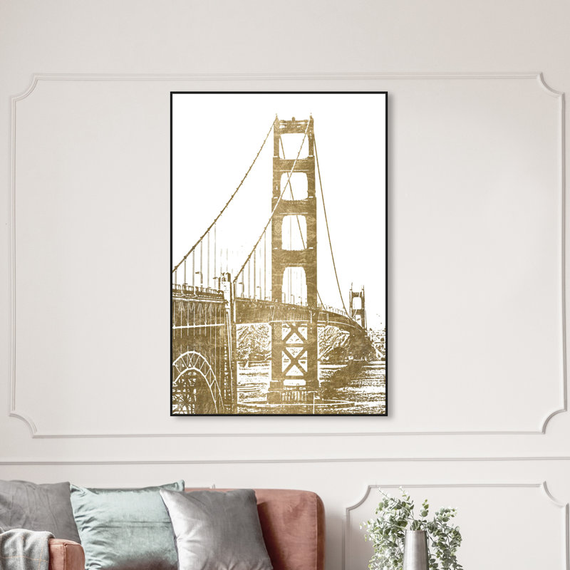 Golden Gate Architectural Reversed Gold - impression sur toile, Toile avec cadre noir