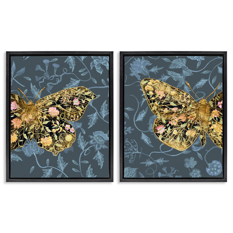 Ensemble de 2 toiles flottantes dorées à motif papillon noir avec papillon doré par Melissa Wang, H 21 po x l 17 po