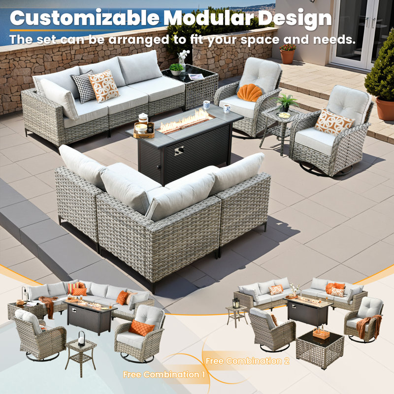 Daltry 11 Piece Outdoor Wicker Conversation Sets With Fire Pit Table and Coffee Table With built-in lights, Gray