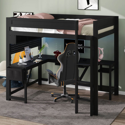 Full Size Wood Gaming Loft Bed With Built-In Desk, LED Light Strip, USB Charging Ports & Storage Shelf