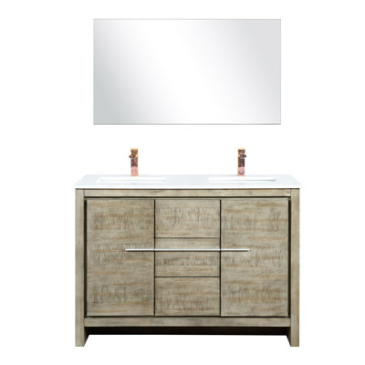 Meuble-lavabo double rustique 48 po X 20 po, comptoir en quartz blanc, robinet en or rose et 43 miroirs de salle de bain à miroir Baroness, élégant