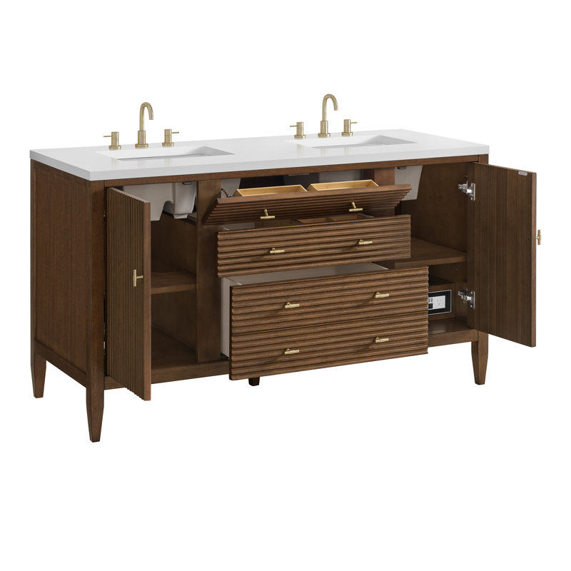 Myrrin 60'' W Double Vanity, Mid-Century Walnut, White Zeus, 8" Widespread