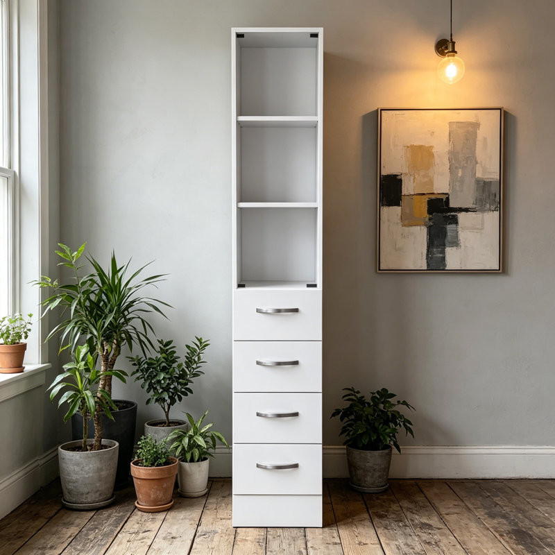 Armoire à linge H 68 po, trois tablettes, quatre tiroirs et poignées en métal, Blanc