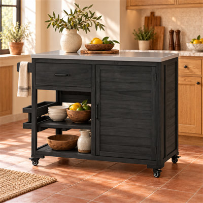 Chariot de barbecue extérieur en sapin massif de 110 cm (43,3 pouces) avec plateau en acier inoxydable et rangement pour bouteille de gaz, noir