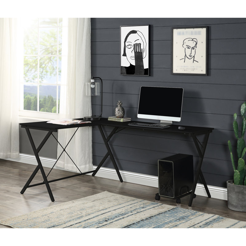 Foldable L-Shaped Tempered Glass Computer Desk with Built-In Electrical Outlet